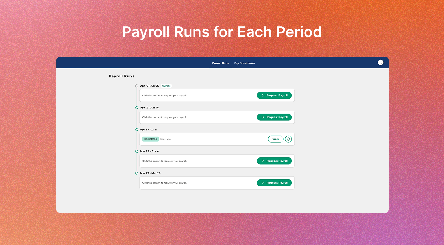 Volca payroll runs page, where admins can view past payroll runs and request to run a new payroll.